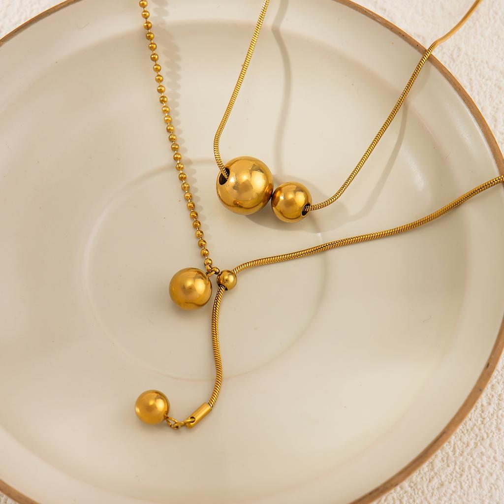 SHIXIN Classic Charm Stainless Steel Round Ball Pendant Necklace Women 18K Gold Plated Adjustable Clavicle Chain No Fade Jewelry