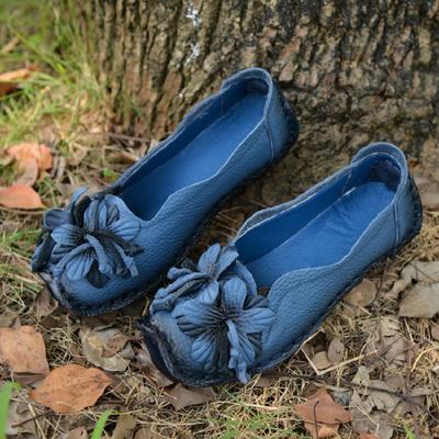 Bailarinas Retrô Sapatos de Couro Genuíno de Designer de Luxo para Mulheres Mocassins Femininos de Outono com Amortecimento Espesso Mocassins Femininos com Flores