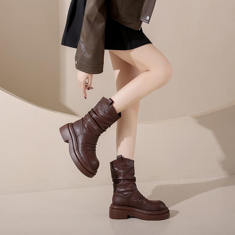 Thick-soled Martin Boots, New Women's British Retro Short Boots, Increased Height and Thinness, Thick Heels, Stacked Boots, Medium Boots