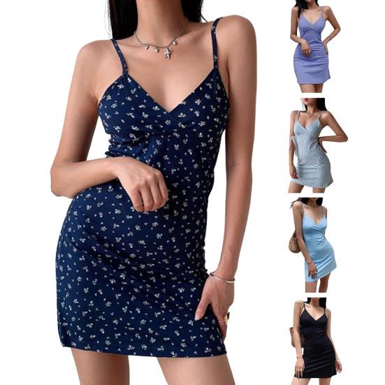 Cross Wrap V-Neck Waist Tight Women Dress Summer Floral Print Sling Bodycon Dress