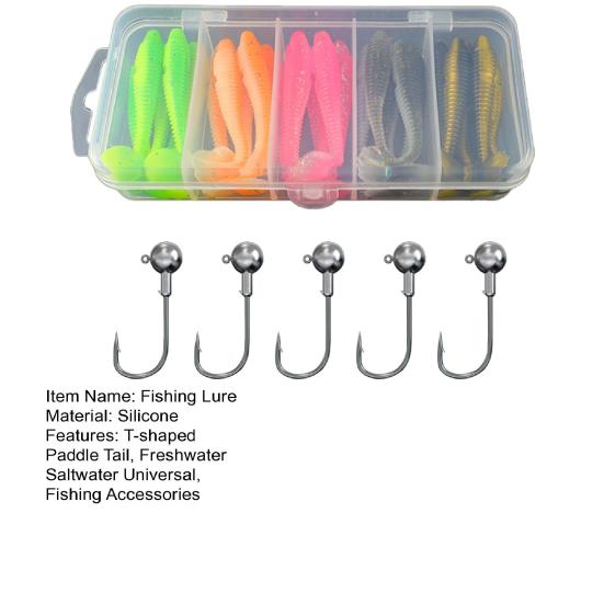 31Pcs/Box 5.5/6.5/7.5CM Soft Fishing Lure Kit with 5 Jig Head Hooks T-shaped Paddle Tail Colorful Artificial Silicone Lure Freshwater Saltwater