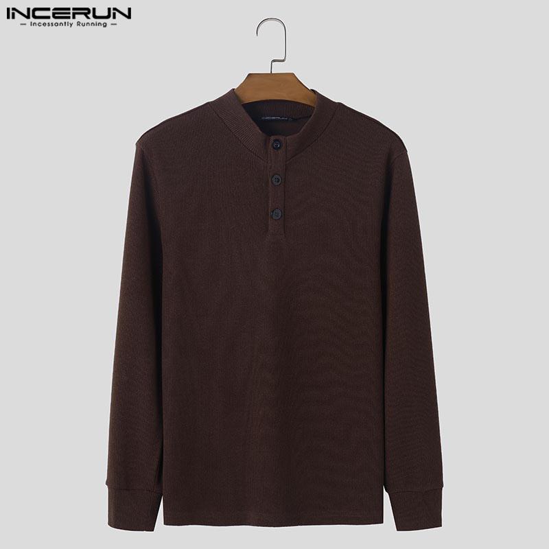 INCERUN Men Buttons Mockneck Long Sleeve Rib Knitted Pullovers Tops