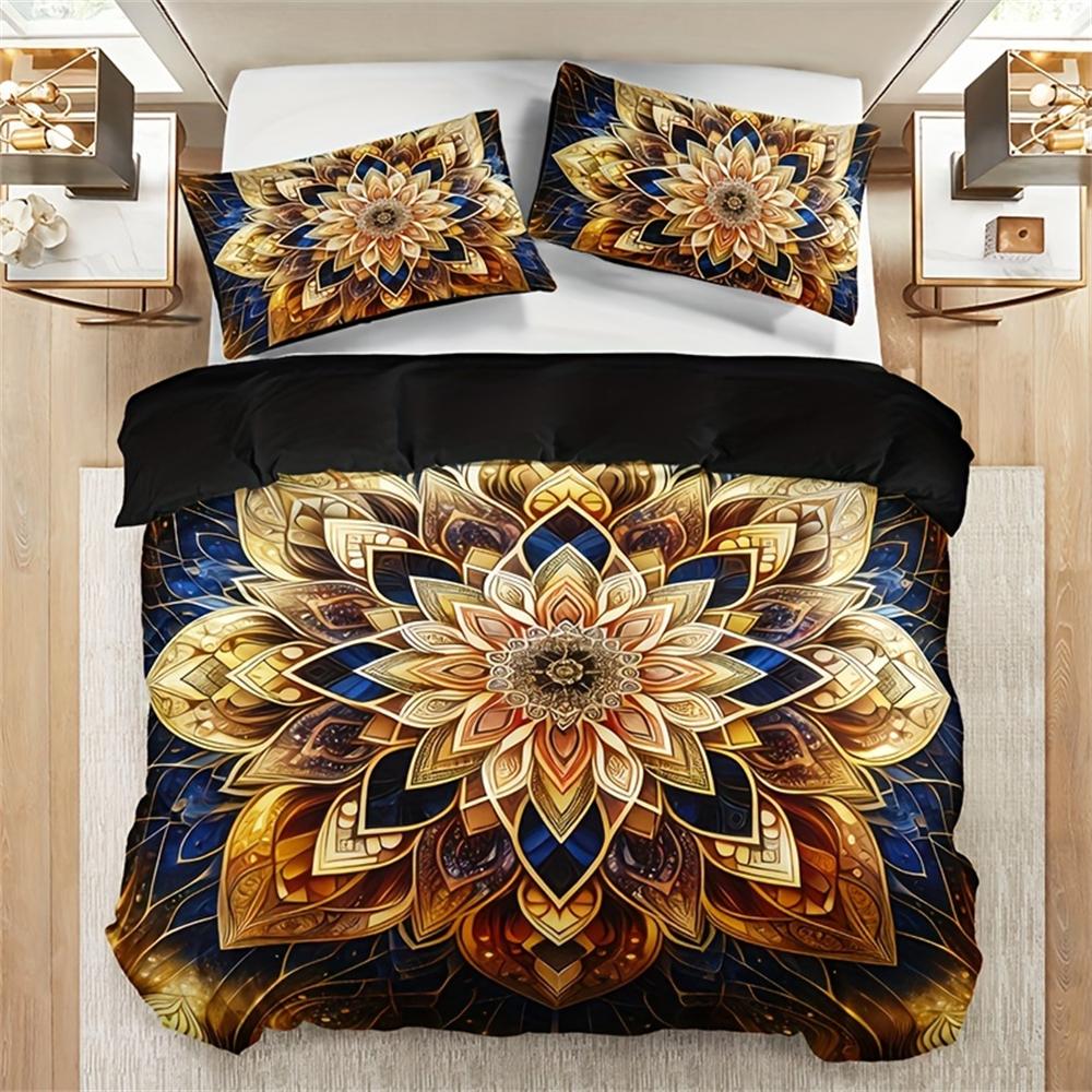 Golden Mandala Floral 3-Piece Duvet Cover Set with 2 Pillowcases - Breathable Polyester, All-Season, Machine Washable