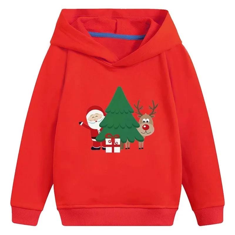 Children's Autumn and Winter Santa Claus Hooded Sweatshirt with Printed Design, Casual and Fashionable Pullover for Young Girls, Christmas Themed Top