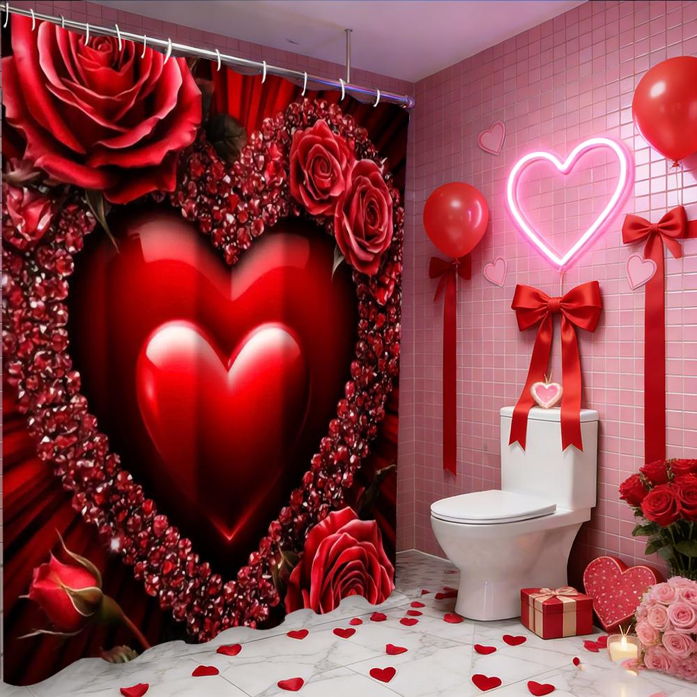 Valentine's Day Love Heart Rose shower curtain, bathroom shower waterproof curtain with 12 hooks, fish shaped home decoration