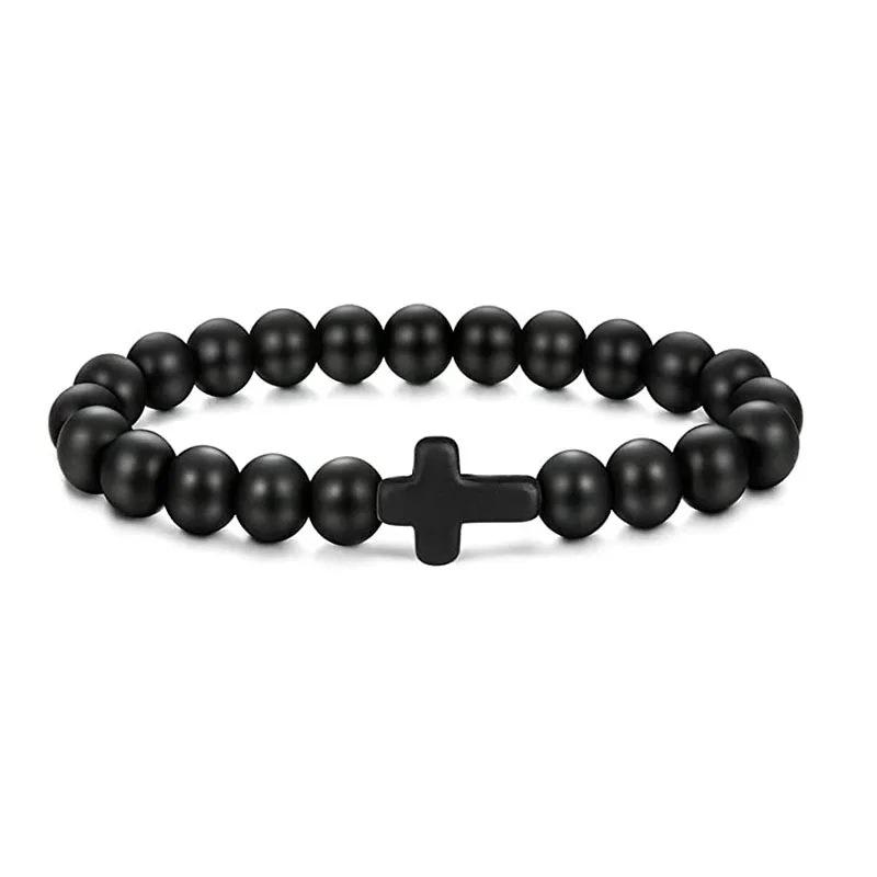 Prayer Men Natural Stone Wood Beads Rosary Hematite Cross Bracelets Onyx Meditation Bracelet Women Yoga Zircon Homme Pulsera