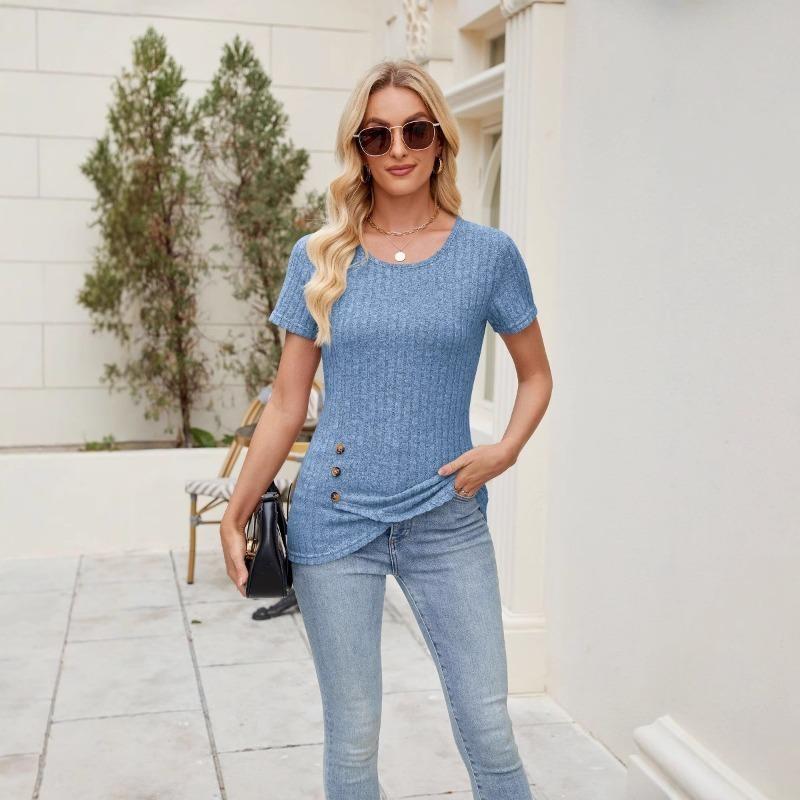 Top de damă nou, culoare uni, cu gât rotund, la modă, cu nasturi și volane la mânecile scurte