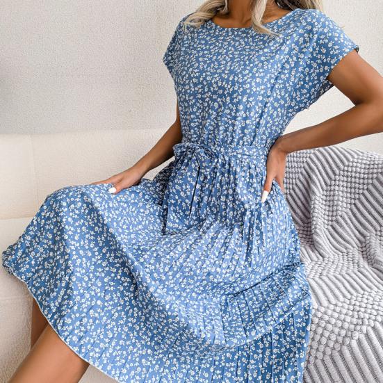 O-Neck Short Sleeve High-Waist Lace-Up Midi Dress Simple Floral Print Pleated Hem