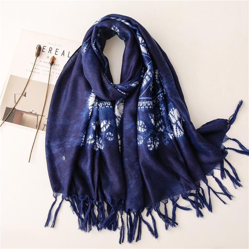 Ethnic Tie-Dye Blue & White Cotton-Linen Scarf: Mori Girl Travel Shawl & Literary Accessory