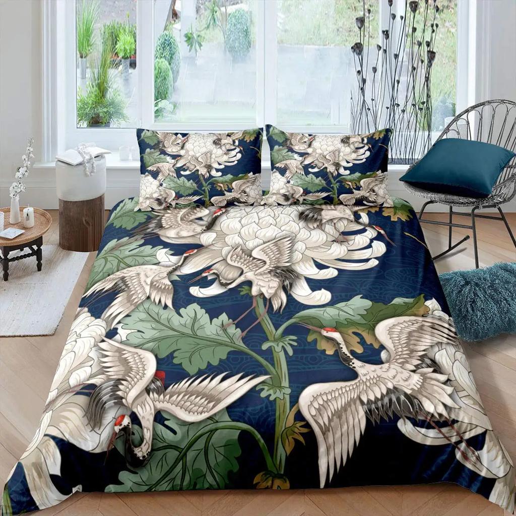 Japanese Style Crane Soft Duvet Cover Set Ful Sized Dimensions,Exotic Red Sun Sea Waves Beding Sets,Vintage Ukiyoe Traditional Warm Comforter Cover