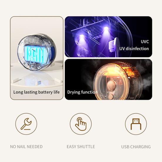 UV Toothbrush Sanitizer 2 Slots USB Rechargeable No Drilling Portable Home Travel Bathroom Wall Mounted Electric Toothbrush Holder Cleaner