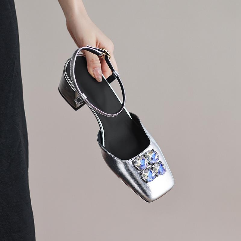 Fashion Women's New Leather Cowhide Spring/summer Rhinestone High-heeled D Oversized Elastic Band with Toe Cap Mueller Sandals