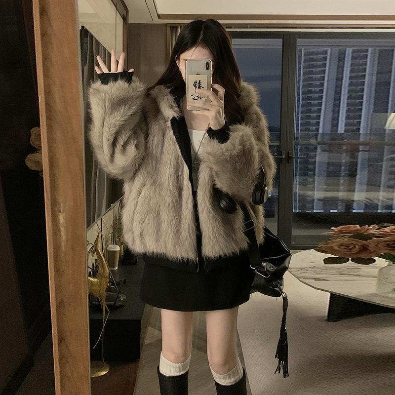 Autumn Winter Women Y2k Fur Collar Hood Thick Parkas Women's Elegant Liner Fur Loose Coat  Casual Outerwear Cotton Padded Jackets
