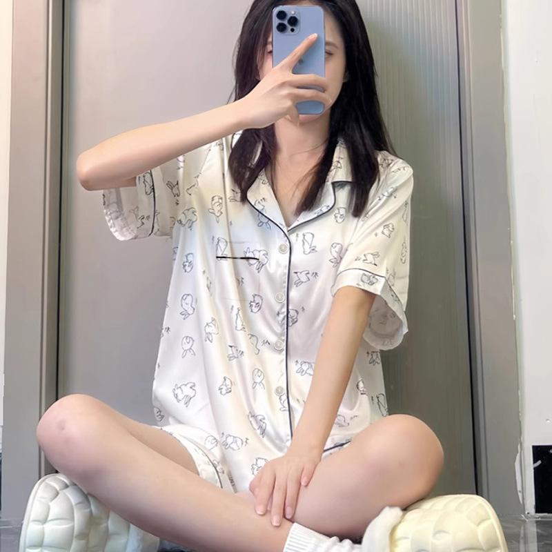 Sweet Girl Ice Silk Pajamas Women'S Summer Cute Milk Rabbit Short-Sleeved Shorts Niche Loungewear Set