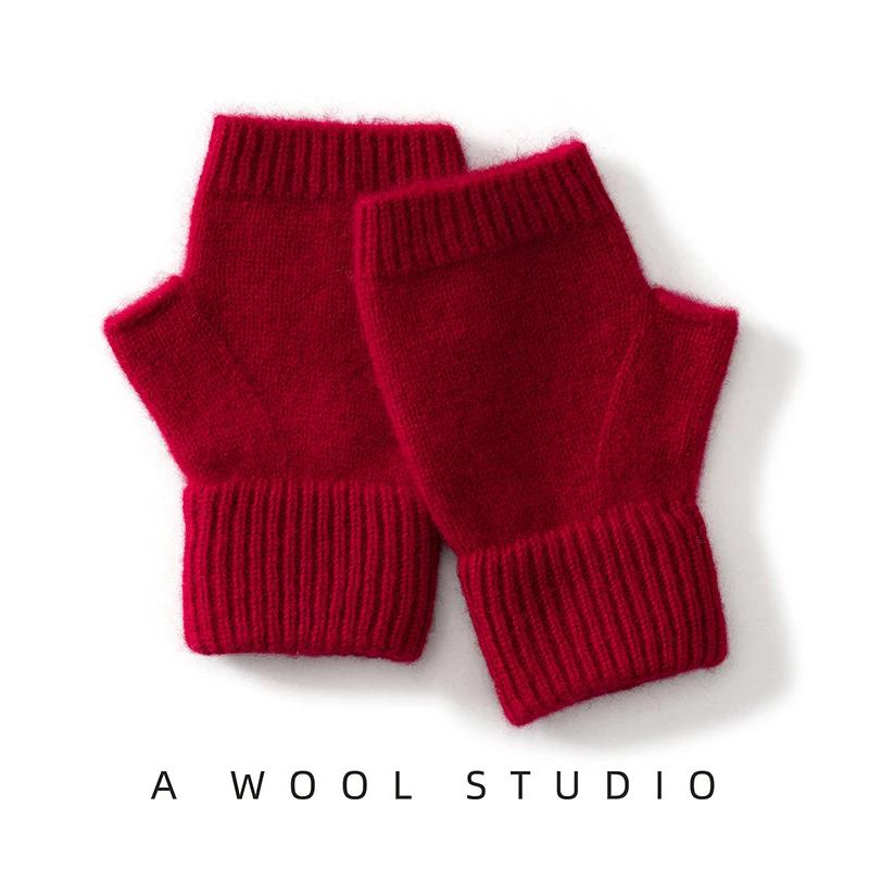 

Winter Women 100% Merino Wool Fingerless Gloves 15Cm Knitted Thermal Mittens Warm Arm Covers One Size красный