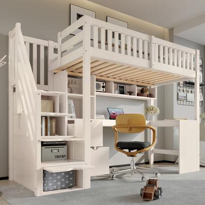 (=AB403889012W) Loft Bed for Children 90x200 Cm White, Stair Cabinet, Corner Desk Under Bed, Storage, Drawers, Space-Saving Wooden, Without Mattress