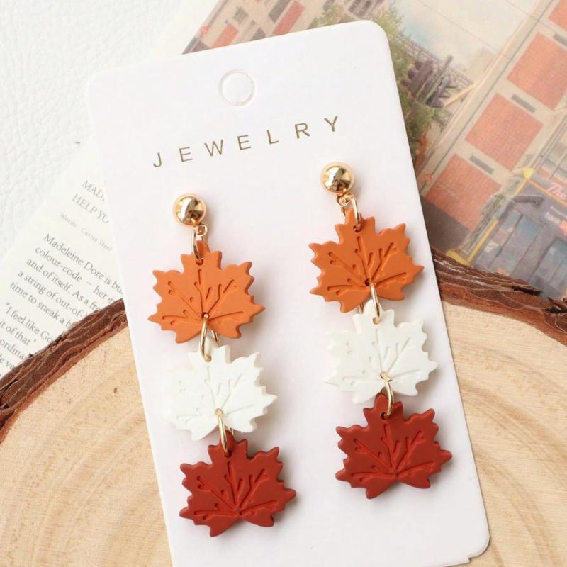 1 Pair Acrylic Maple Leaf Earrings, Baked Paint Soft Clay Texture Retro Earrings, Long Maple Leaf Triple Strand