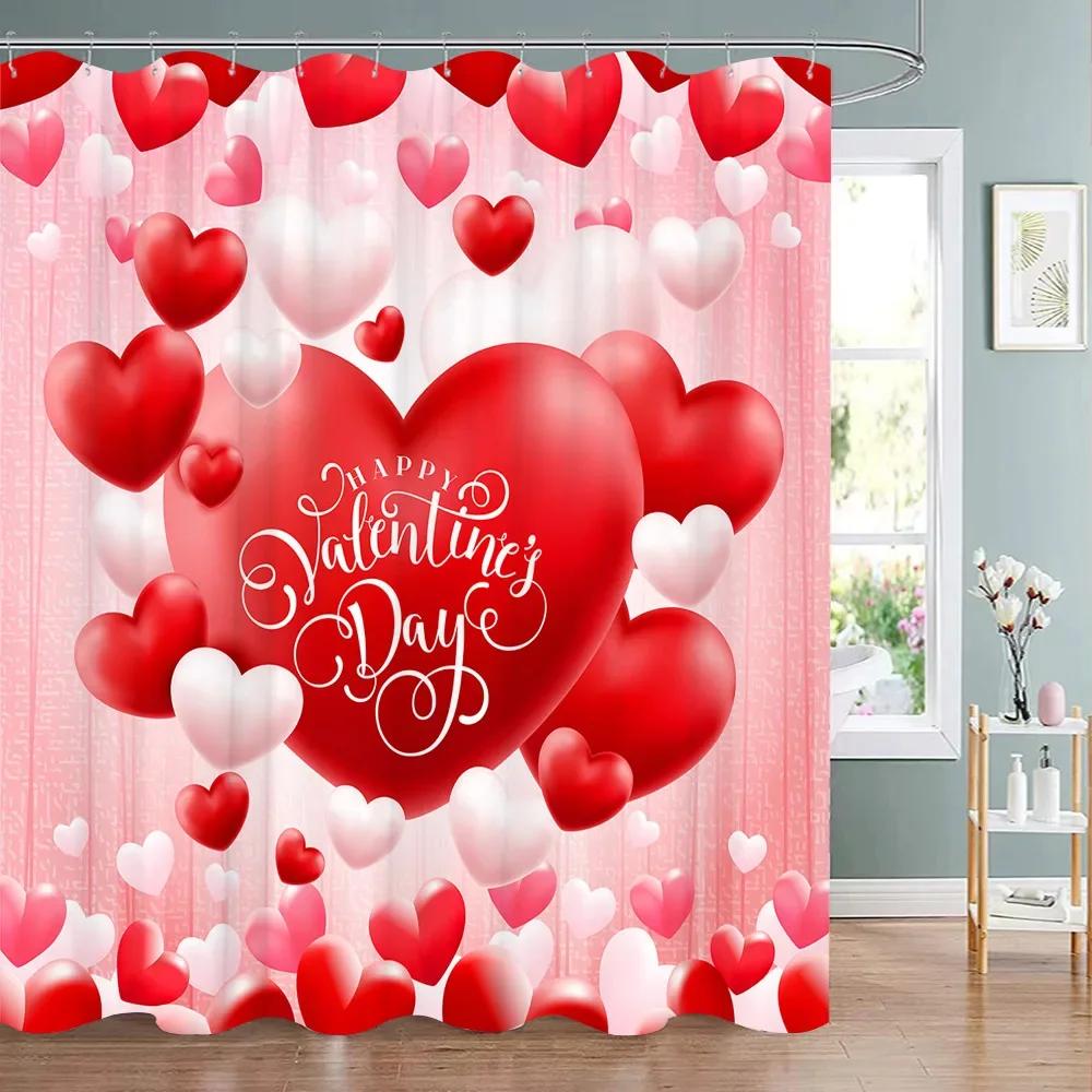 Valentine's Day Red Rose Shower Curtain Pink Red Love Tree Flower Polyester Fabric Washable Hanging Curtains Bathroom Decoration