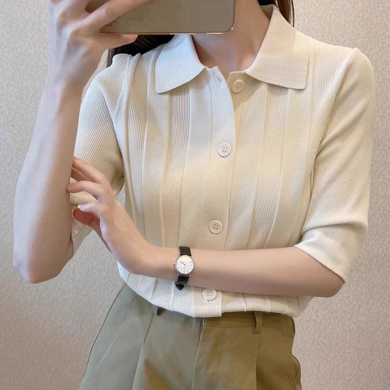 Dame Gensere Cardigans 2025 Sommer Kortermet Turn Down Krage Kontor Dame Strikkegenser Dame Overdeler Cardigan JJ156