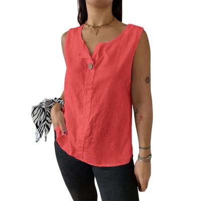 Women Vest Sleeveless Button Decoration Casual Tank Tops Solid Color Cotton Linen Lightweight