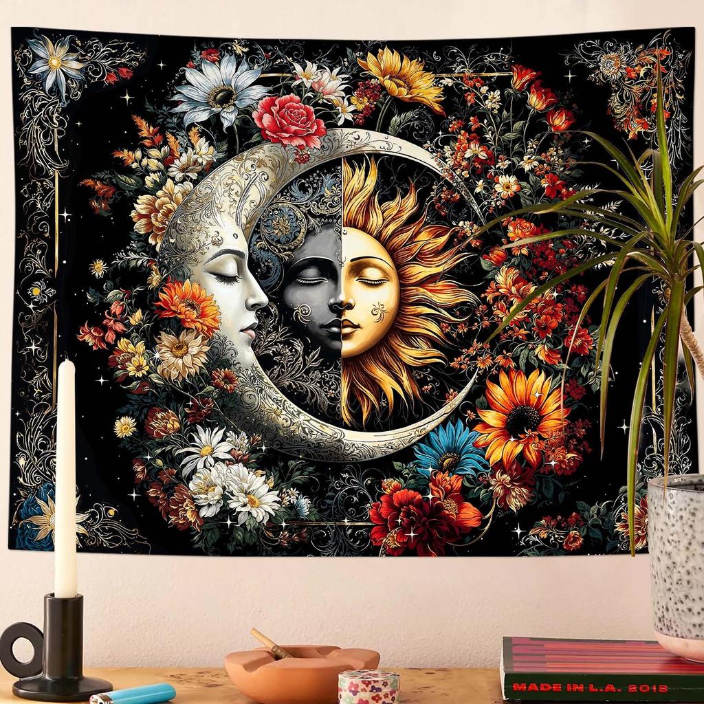 Mystical Moon Phase Butterfly Tapestry, Floral & Celestial Print with Wildflowers, Wall Decor for Nature & Witchy Rooms