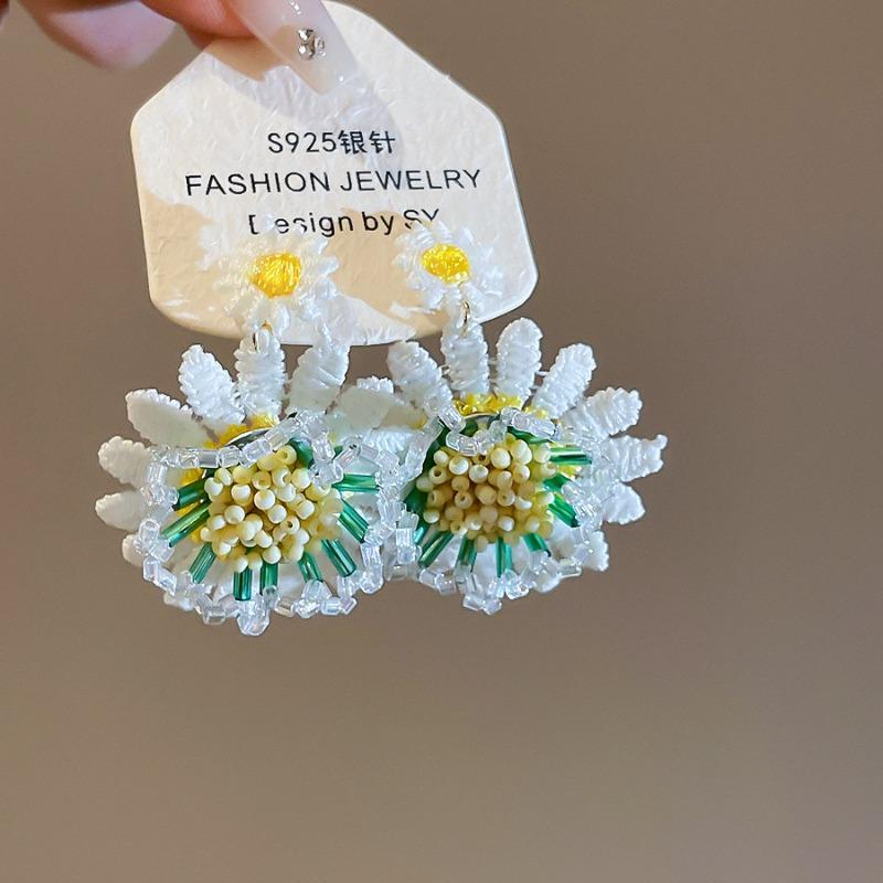 Silver needle summer knitted fabric crystal flower pendant earrings sweet vacation style earrings niche high-end earrings women