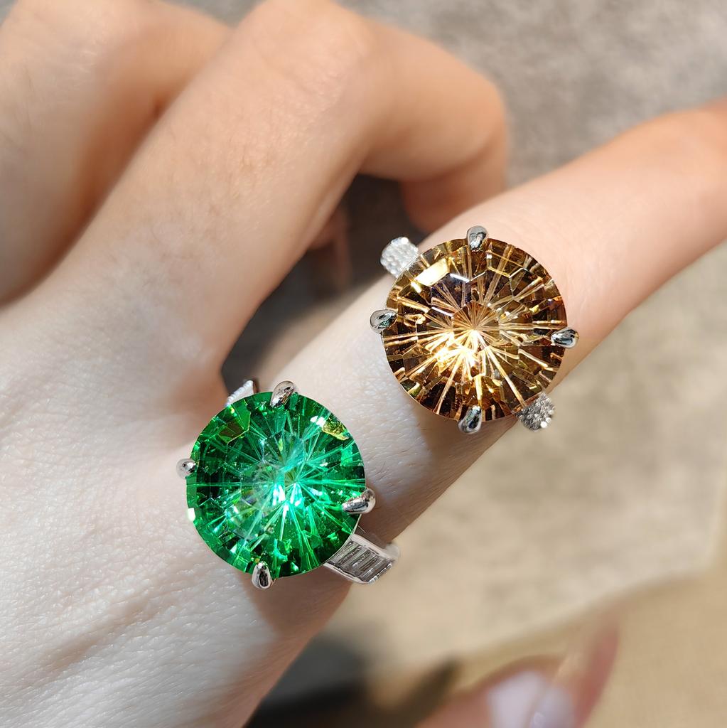 Super sparkling imitation natural green zircon ring with exaggerated large particle champagne colored opening ring