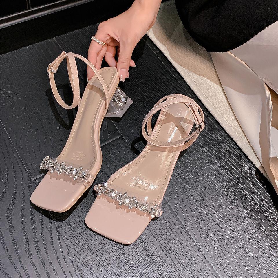 Silver Rhinestone Sandals Women's Summer Skirt Thick Heel Fashion Absolute Child Word with Transparent Crystal High Heels