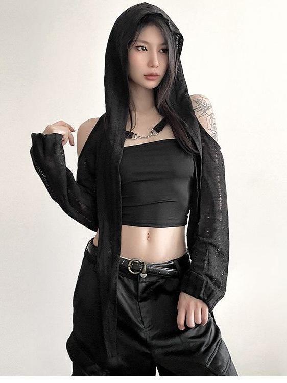 Handmade Off-the-Shoulder Distressed Hooded Women's Pullover - Irregular, Slimming, Versatile, Short Solid Color Jacket, Trendy Design.