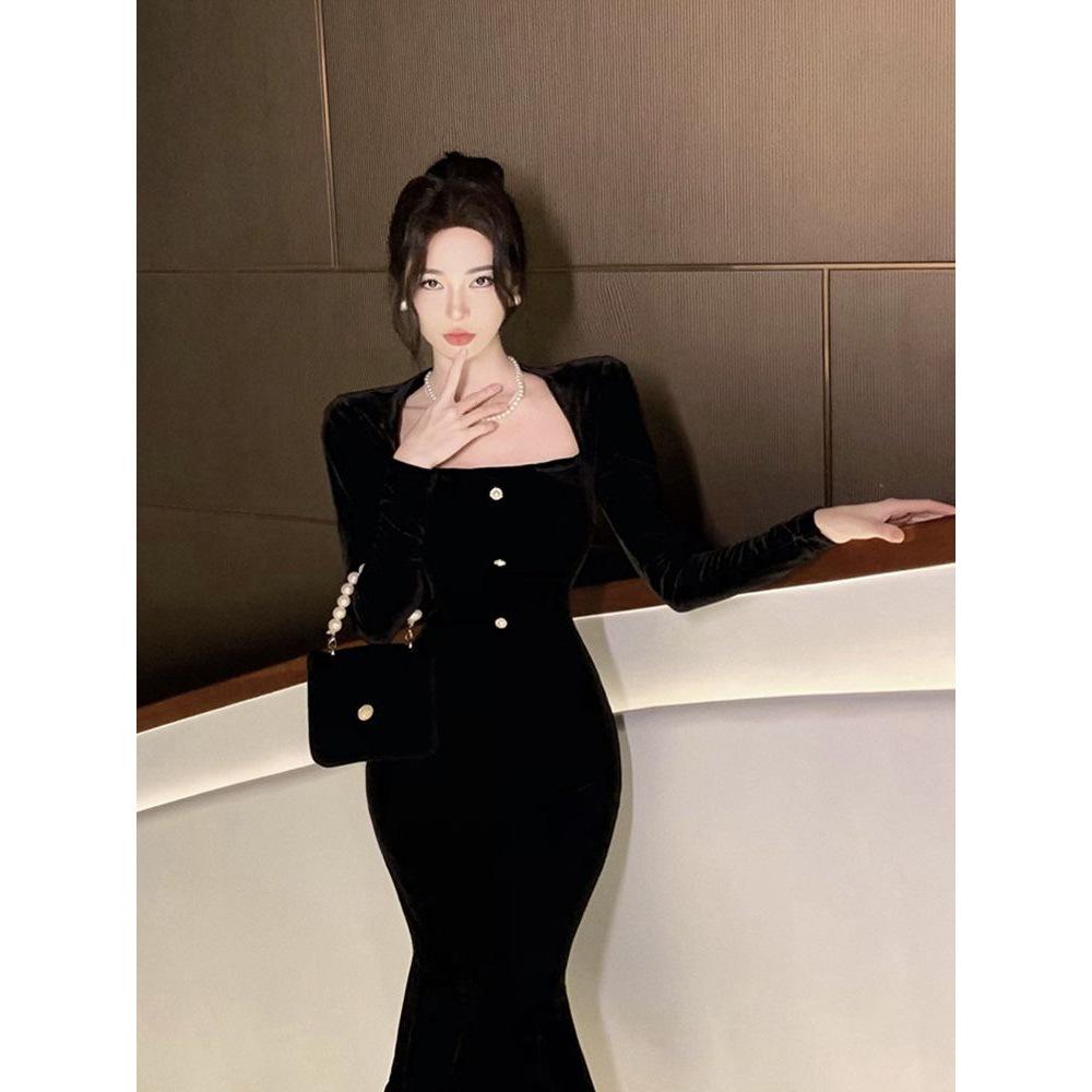 2025 Autumn High-End Waist-Hugging Fishtail Ruffle Dress for Women