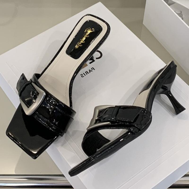 Fashion Patent Leather Buckle Design Brand Slippers Women Fashion Open Toe Thin Heel Slide Sandals Elegant Comfortable High Heel Sandals