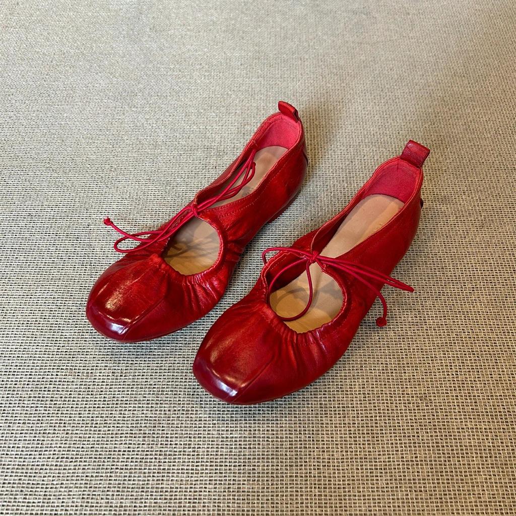 Sheepskin version lace-up bow pleated Mary Jane shoes women's single shoes genuine leather shallow mouth retro flat shoes grandma shoes