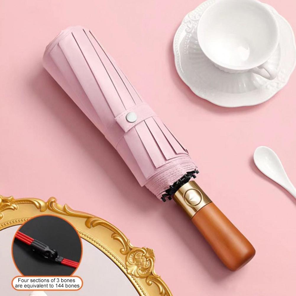 Fully Automatic 144-Rib Premium Light Luxury Wooden Handle Umbrella Black Glue UV-Resistant Windproof Folding Parasol Rain Gear