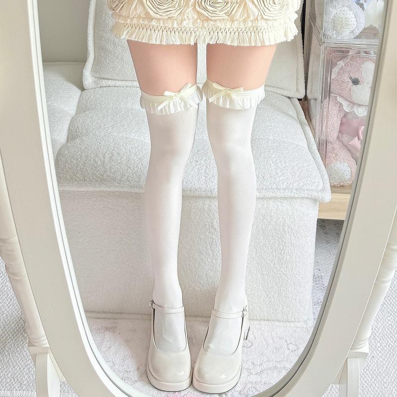 

1 Pair Knee High Straight Tube No Heel Bowknot Socks| JK Black White Stacked Ruffle Lace Over Knee Socks for School Uniform One Size