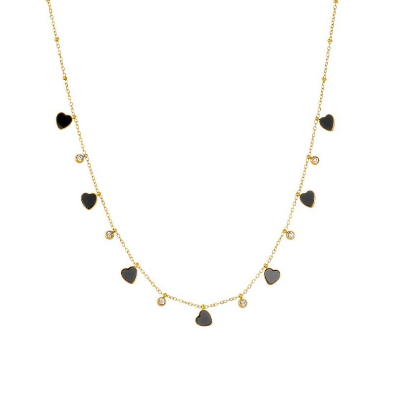 Gold Tone White Enamel Heart Charm Choker Necklace with Zircon