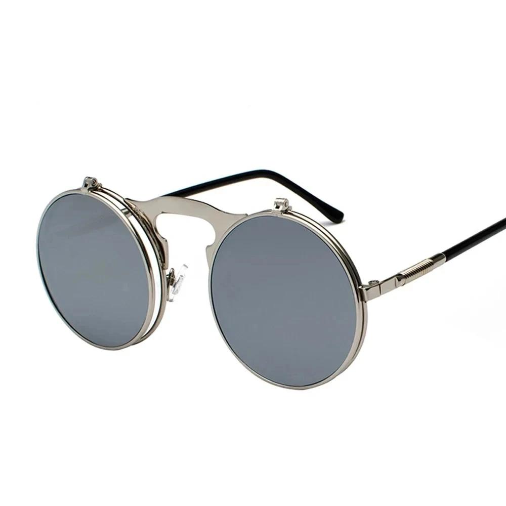 Vintage Steampunk Flip Up Men Sunglasses Women Retro Round Metal Frame Sun Glasses Hinge Design Curved Glasses Legs Uv400