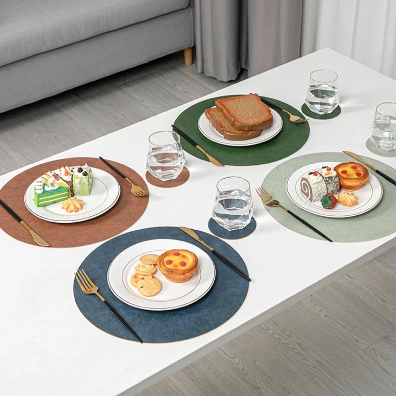 Vintage Style Double-Sided PVC Leather Placemat Round Faux Leather Heat-Resistant Waterproof Cup Plate Mat