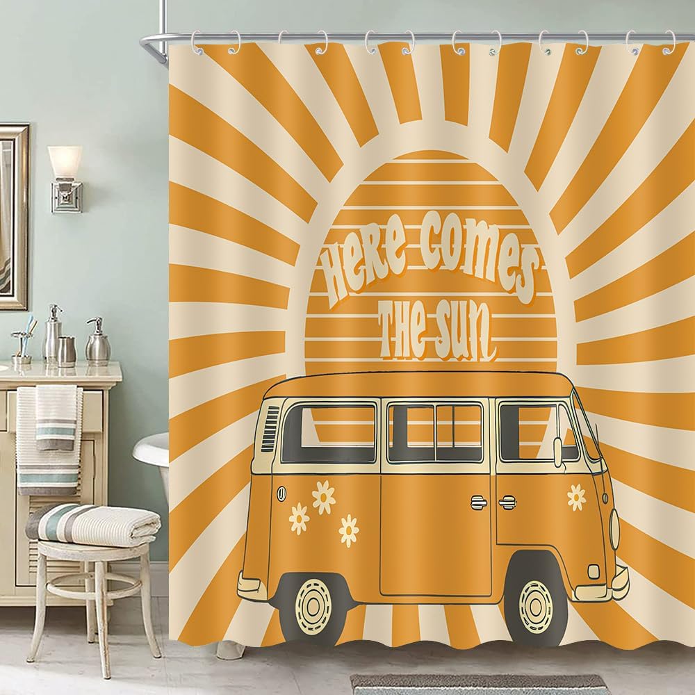 Here Comes The Sun Douchegordijn 72x72 Inch Boho Vintage Bloemen Bus Retro Hippie Oranje Zon Zonneschijn Omkeerbaar voor Thuis