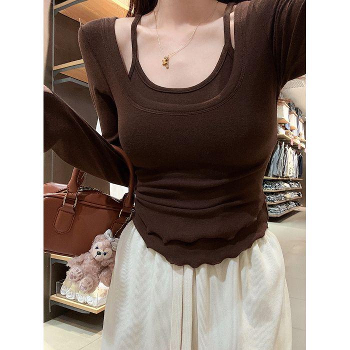 

Pure Style Two-Piece Long-Sleeve Ruffle Top: Slim-Fit, Versatile Korean Fashion S