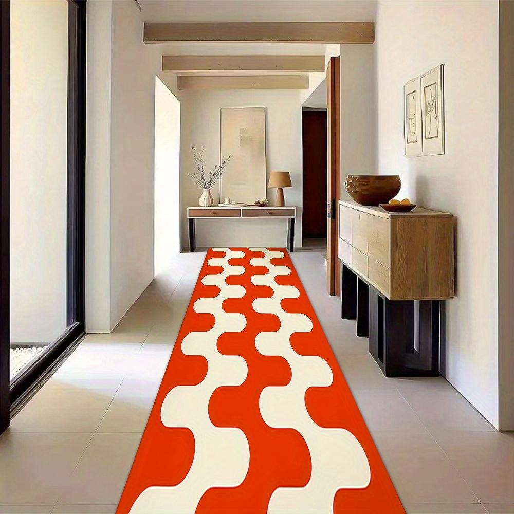 Retro Orange & White Wavy Geometric Print Runner Rug, Non-Slip Washable Durable Mat for Entryway, Hallway, Bedroom & Home Decor