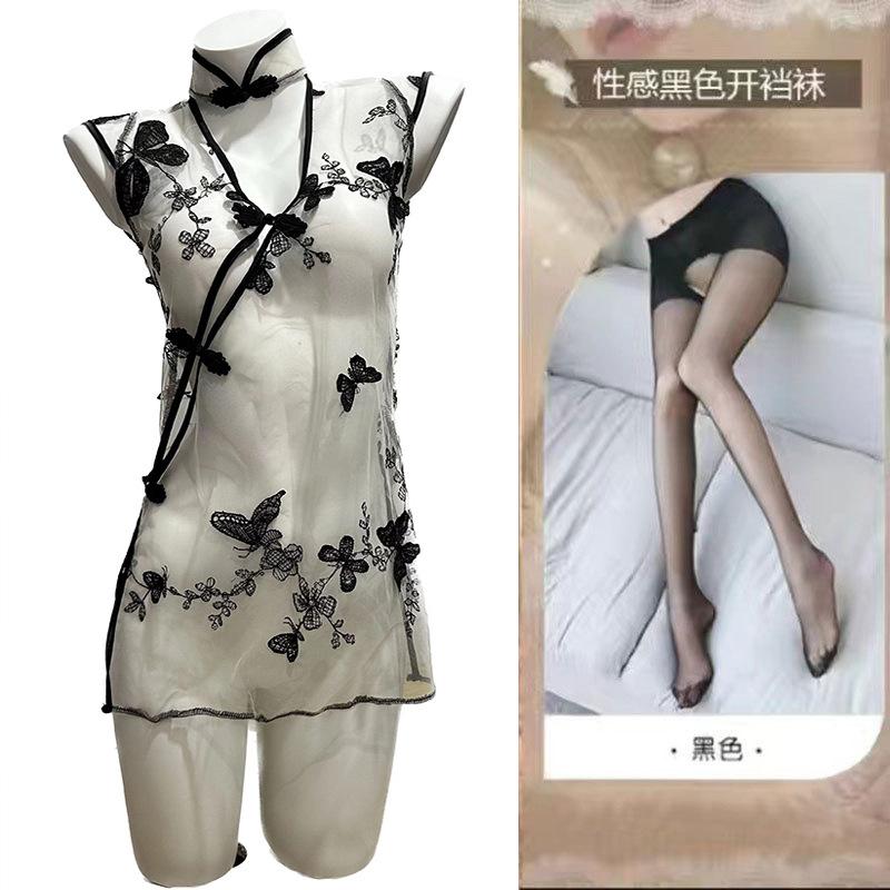 Sex underwear women's sexy perspective nightgown seduction retro hollow butterfly embroidered cheongsam uniform