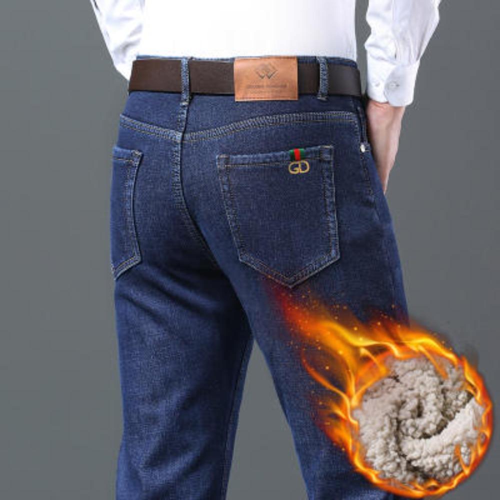 Lammwolle vergrößerte verdickte Winterabschnitt Jeans Herren Slim kleine gerade Stretch Business Casual Denim Herrenhose