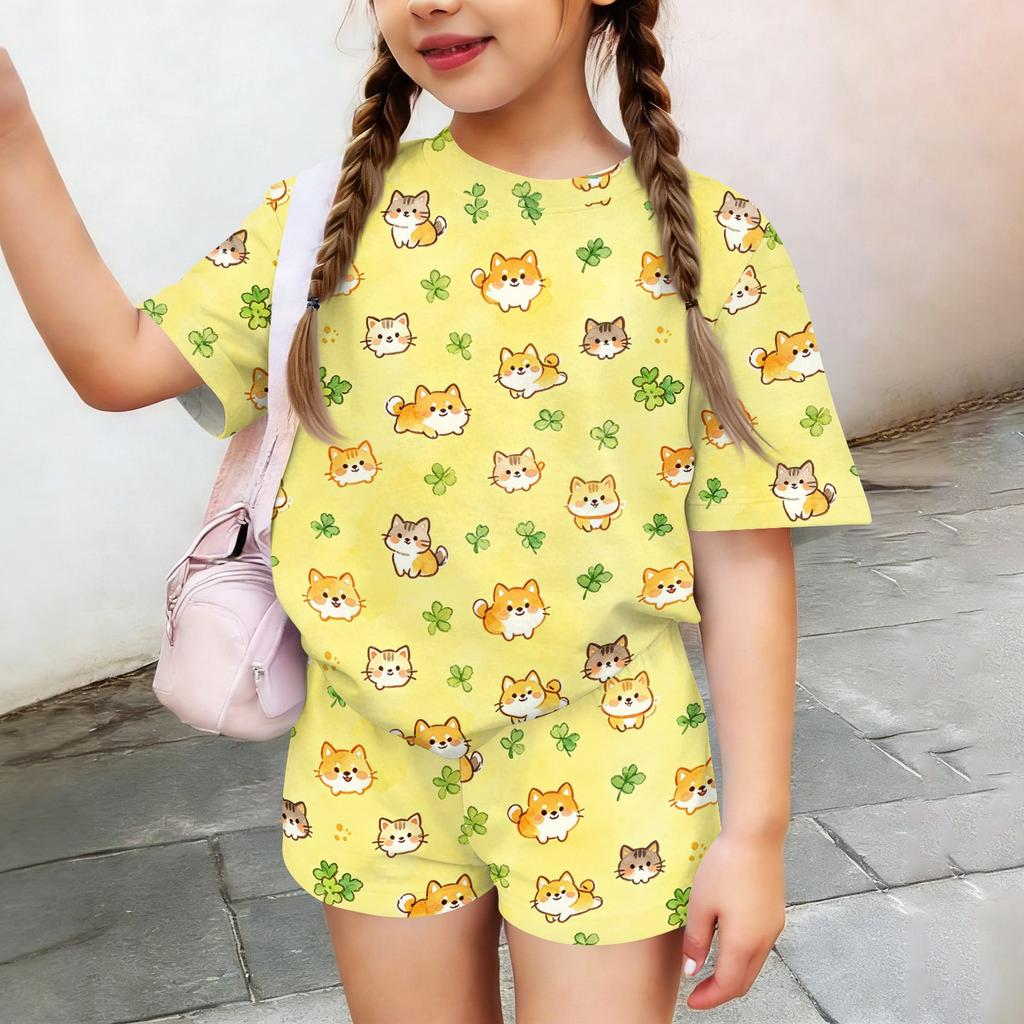 Kids Casual Short Sleeve Top and Shorts Set Animal Print Lightweight Soft Fabric Comfortable Fit Summer Outfit for Boys Girls