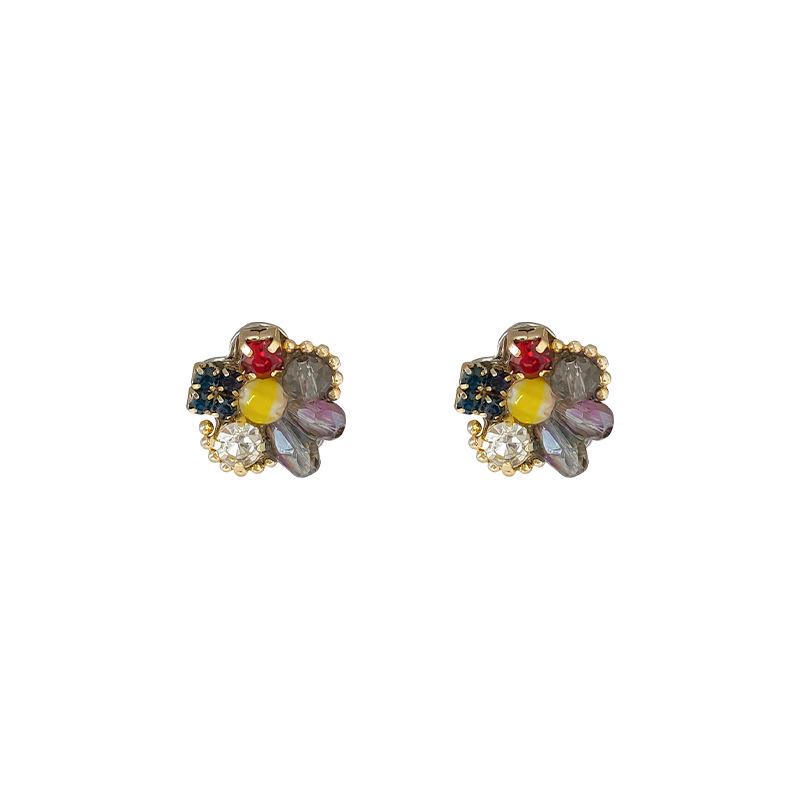 Colorful Crystal Beaded Flower Stud Earrings - Cute Korean Style Women's Jewelry