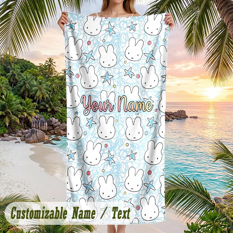 Miffy Beach Towel, Personalized Custom Text, Quick Dry Soft Large Towel For Swimming Pool Travel