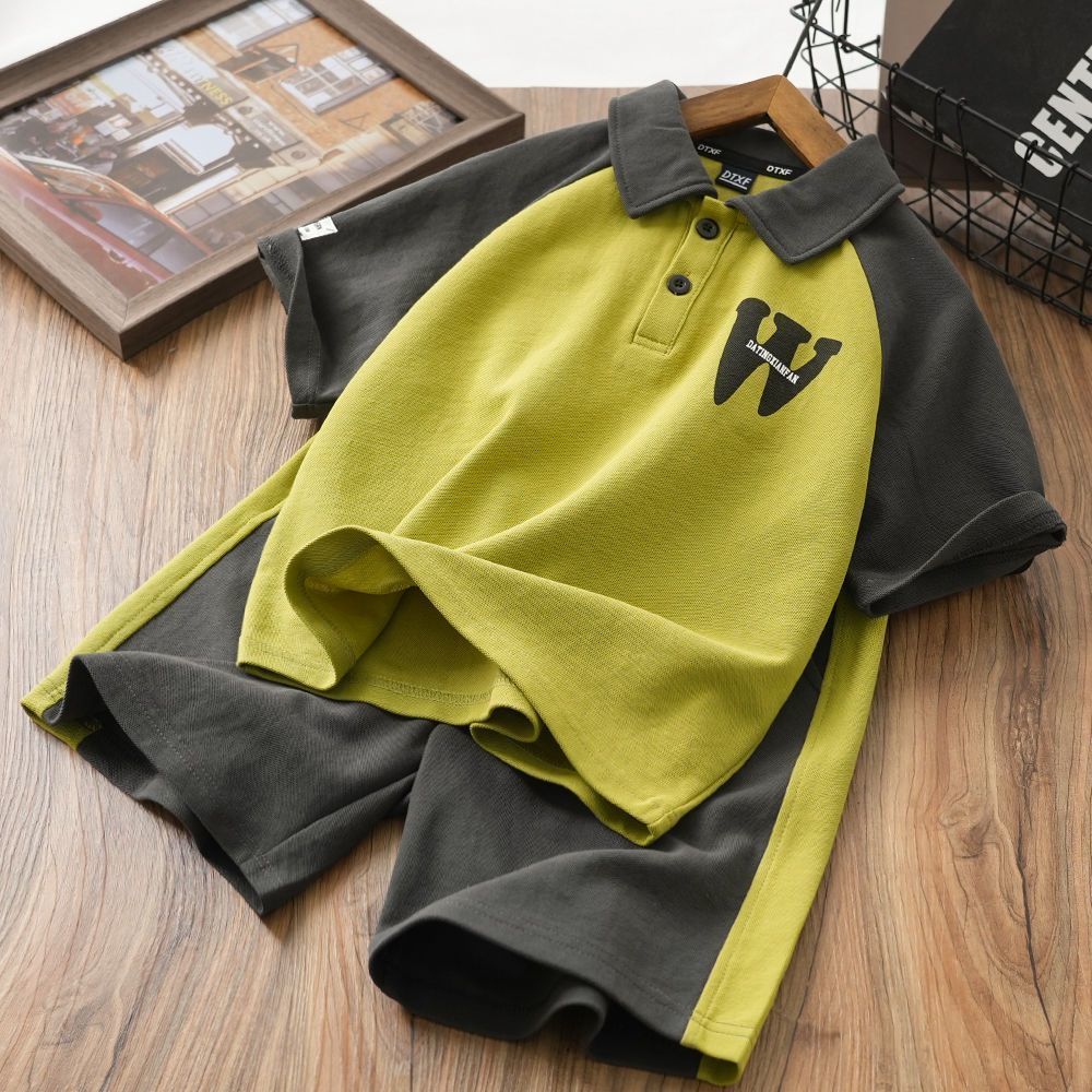 Boys' Summer Set Color Blocked Polo Short Sleeve Set Flip Collar Casual Two Piece Set