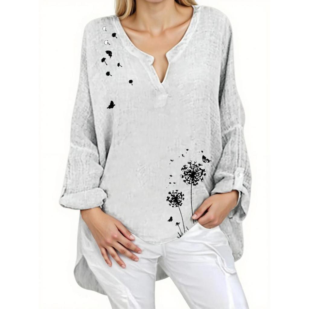 Women's Fashion Long Sleeve Cotton Linen Small Print Casual V-Neck Blouse Top