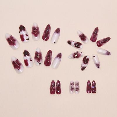 24pcs Manicure Long Almond False Nails Flowers Aurora French Fake Nials Cat Eye Stars Detachable Press On Nails Women