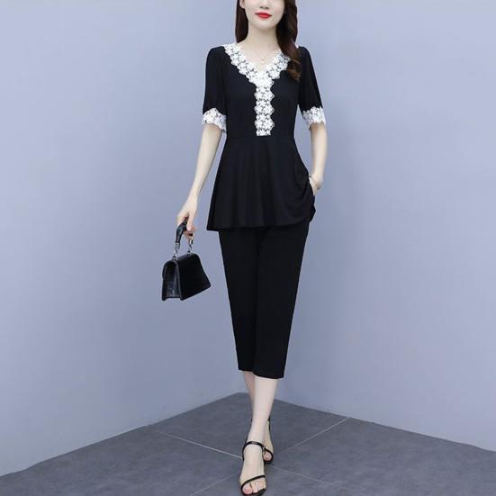 Conjunto informal de dos piezas de verano para mujer, con escote en V, manga corta, ribete de encaje, pantalón de siete cuartos, atuendo de trabajo para dama
