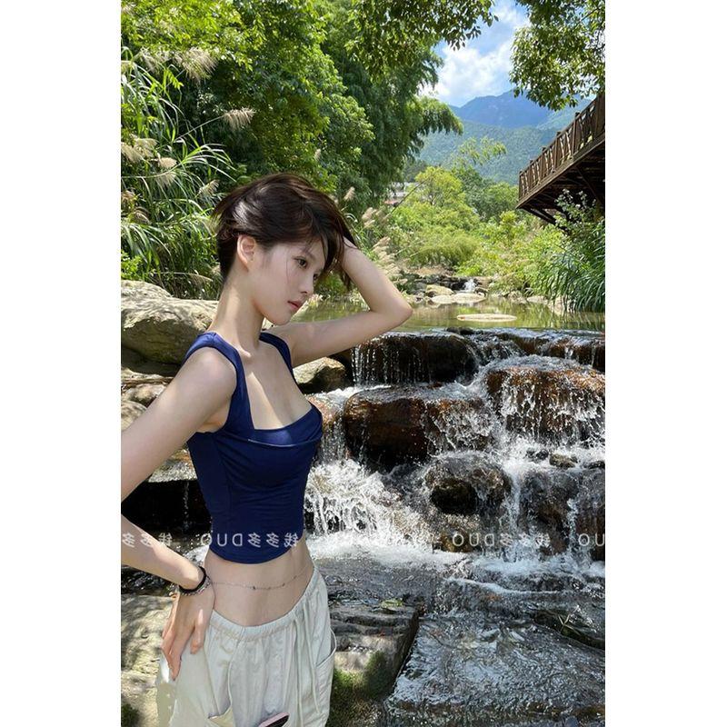 

Pure Desire Style Sexy Camisole Women s Summer New Arrival Fashion Ins Skinny Short Midriff-Baring Top Slim Looking Easiest for Match Dark blue S